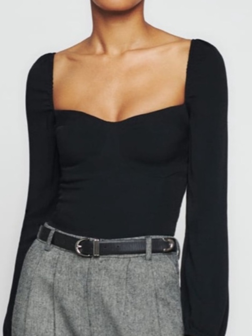 Reformation Sz 0 Black Square-Neck Corset-Inspired Long Sleeve Top